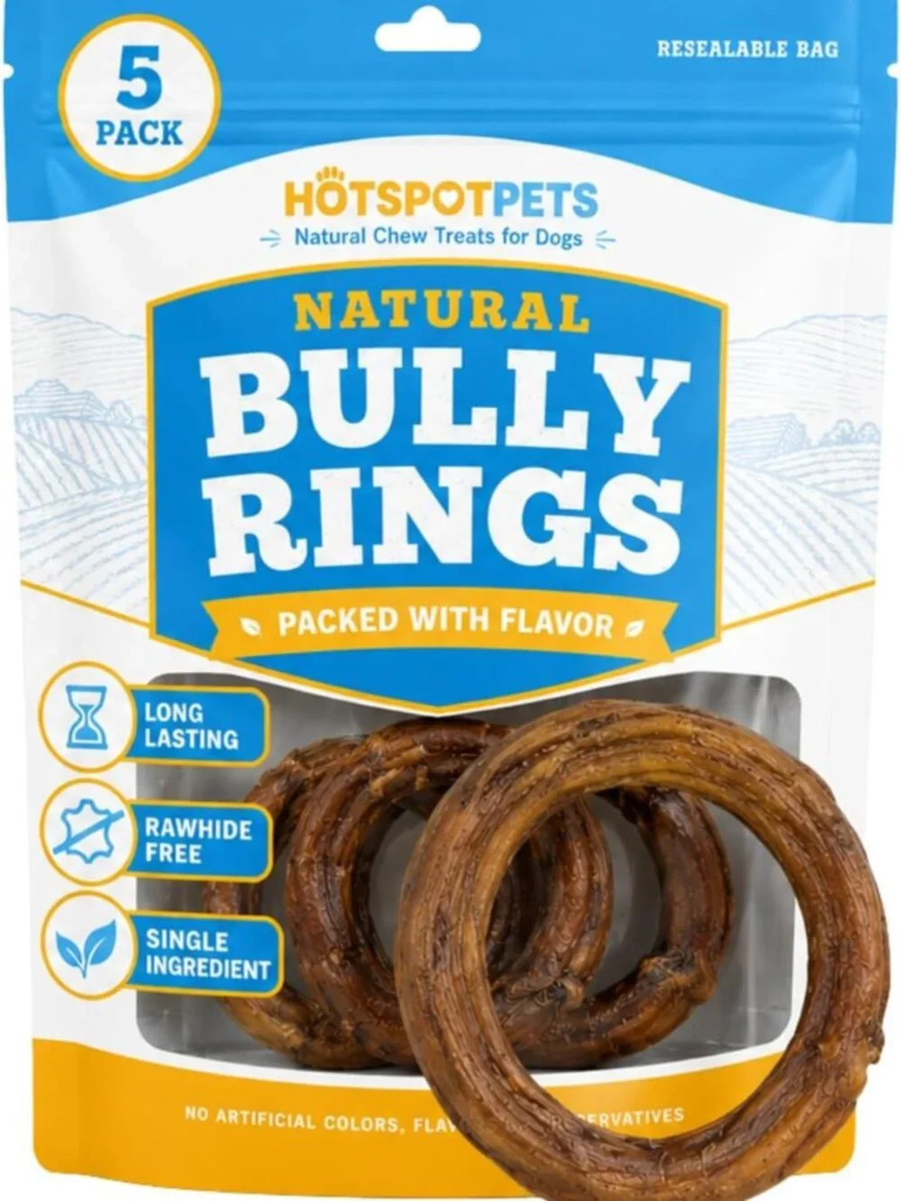 Natural Bully Stick Rings for Dogs - 5 Pack, 4-Inch Chew Treats, Healthy Dog